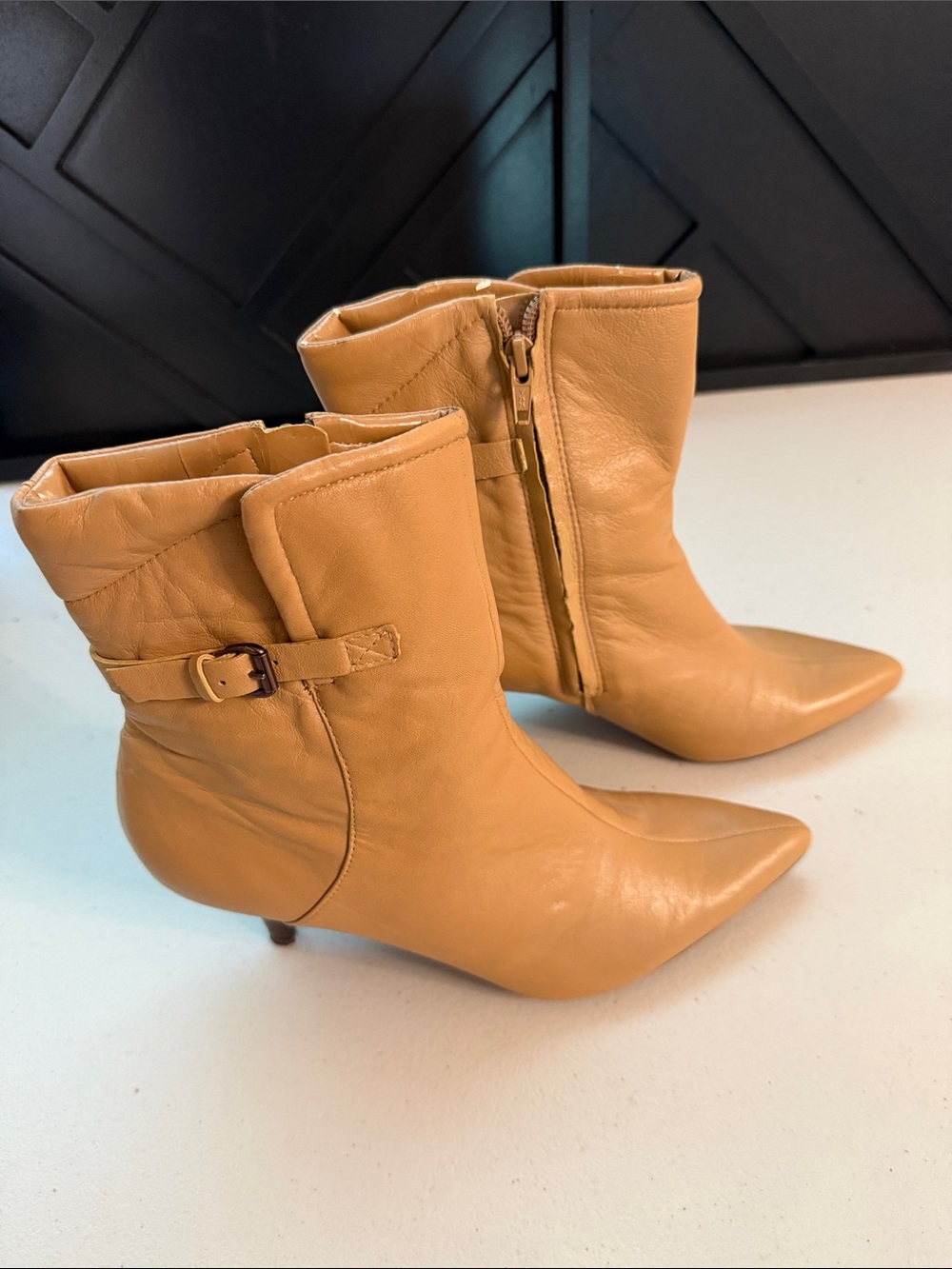 Y2K Nine West Women's Powayo Tan Pointed-Toe Ankle Booties short heel